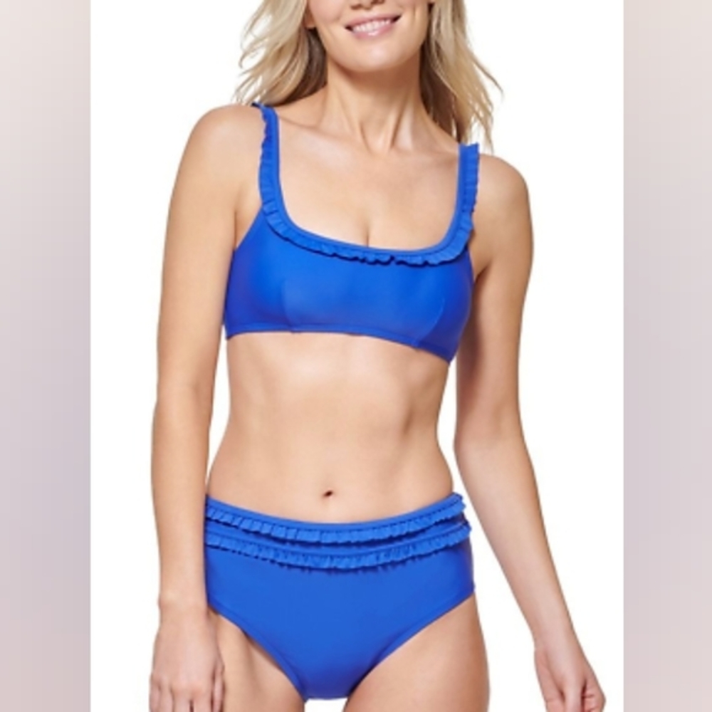 Tommy Hilfiger Ruffle Bikini Swim Top‎ High Waist Bottom Provence Blue L